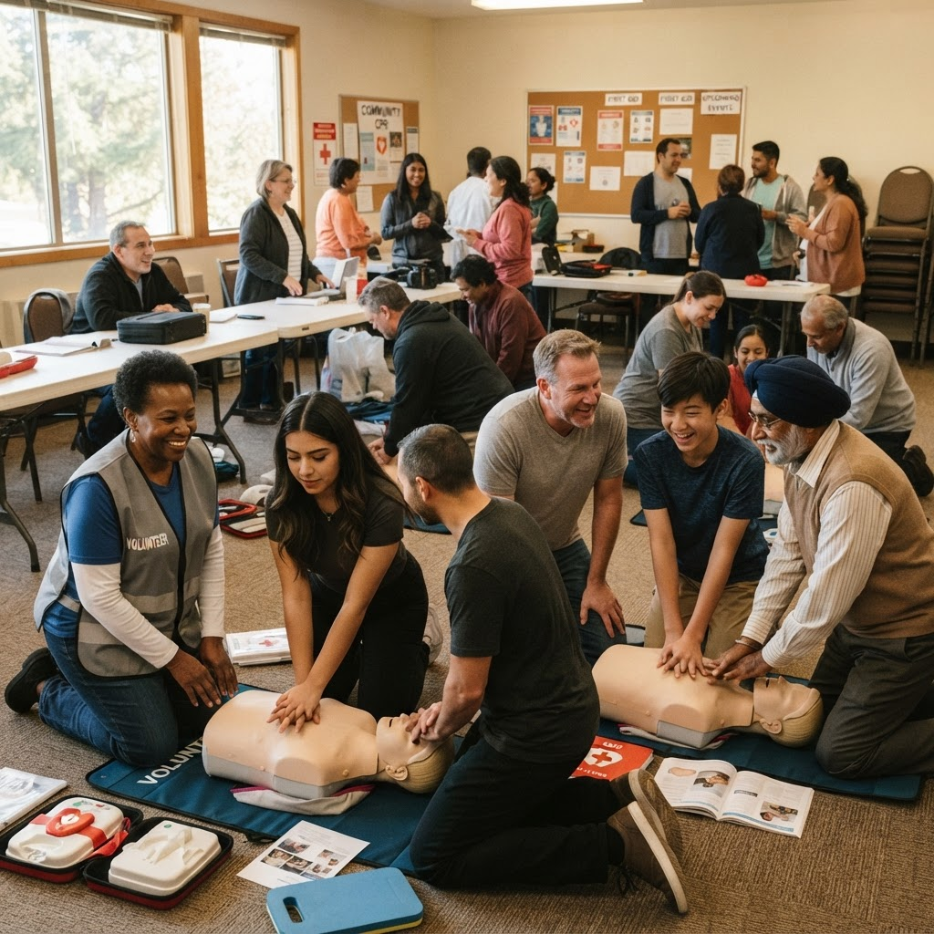 A community group practicing CPR together in a training room