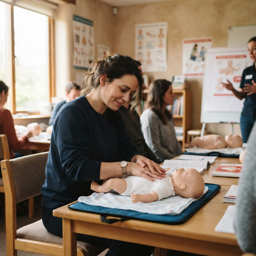 A parent learning infant CPR on a training manikin during a family CPR class