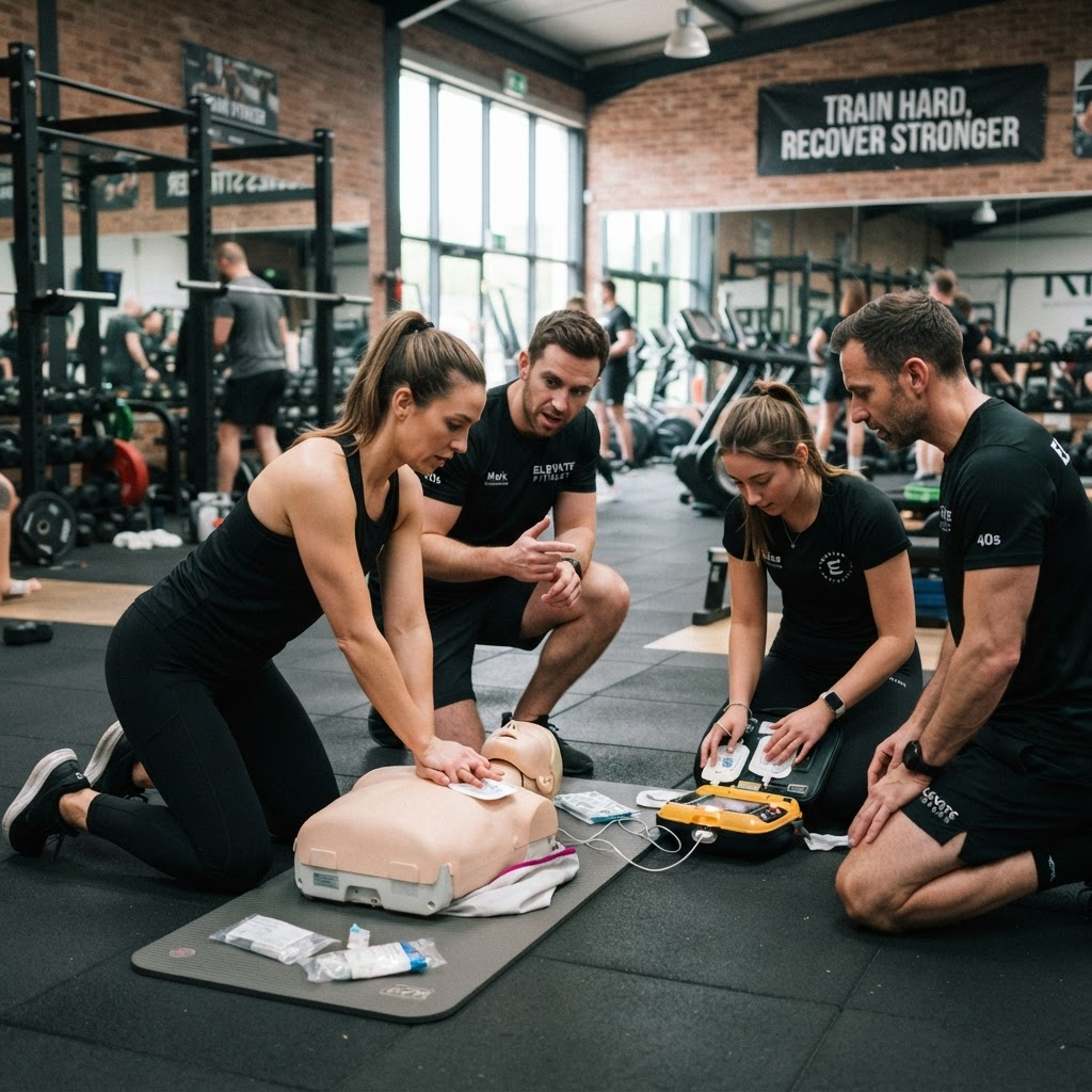 A coach practicing AED use during a CPR readiness class