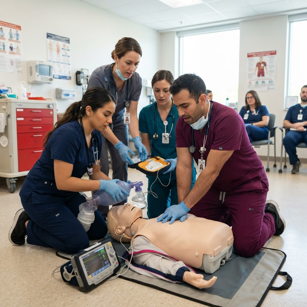 Healthcare professionals practicing team-based CPR on a training manikin