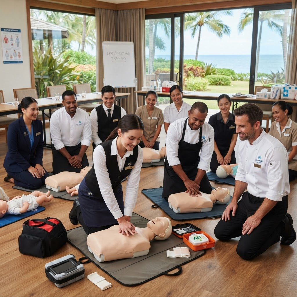 Hospitality staff learning to use an AED during on-site CPR training