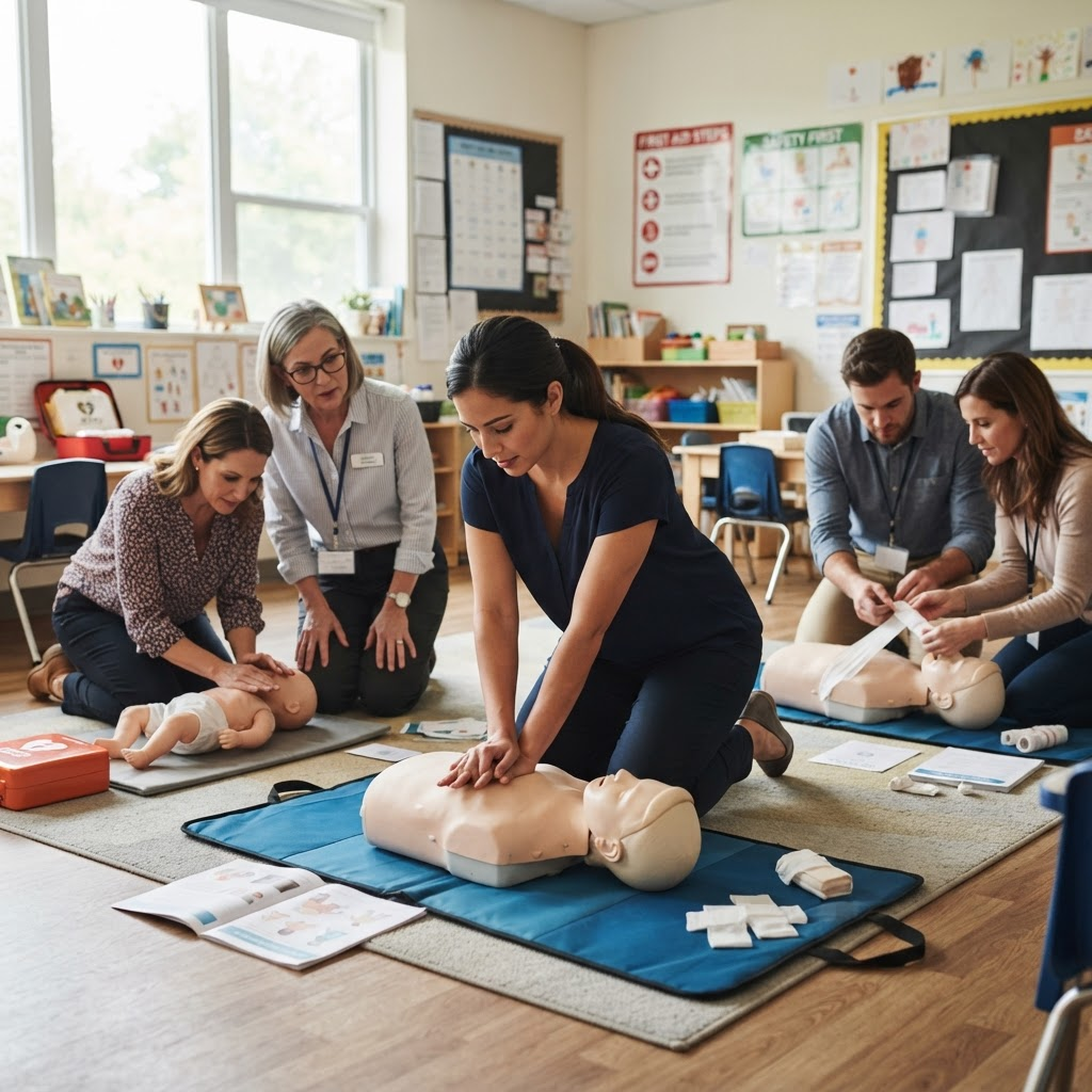 A childcare provider practicing infant CPR during a pediatric first aid class