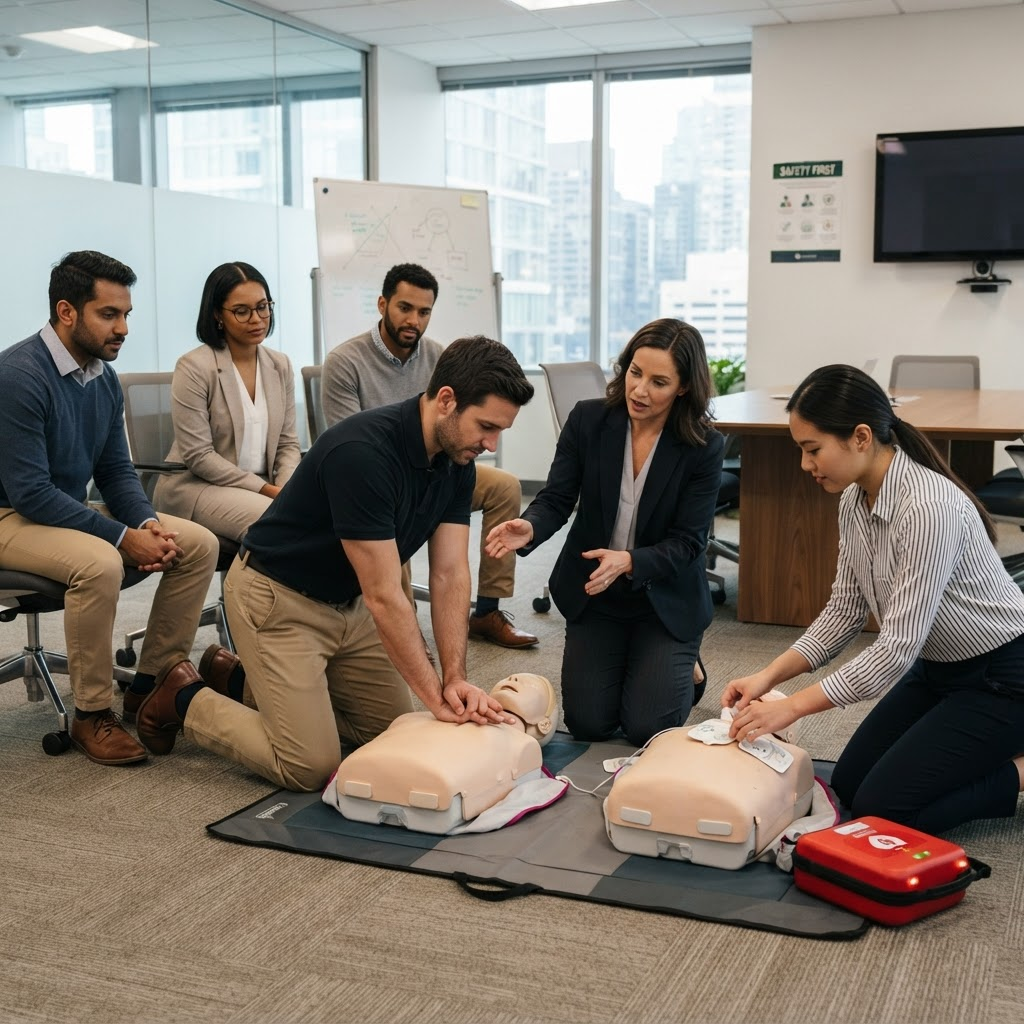 A workplace team practicing CPR together during on-site safety training
