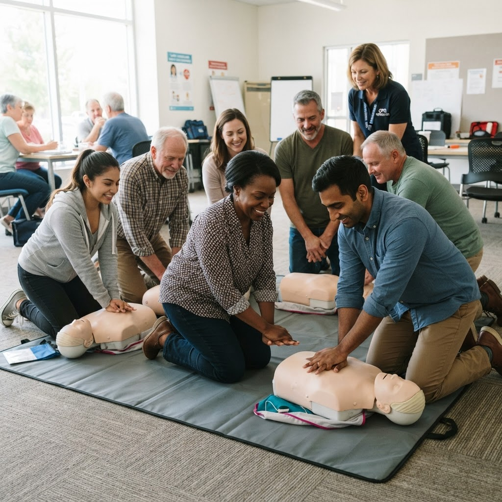 A group of students practicing CPR together in a bright training room