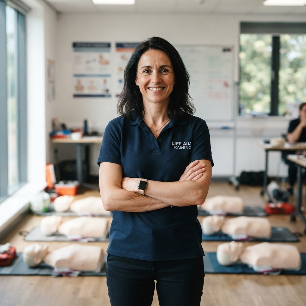 Certified CPR instructor smiling in a training classroom